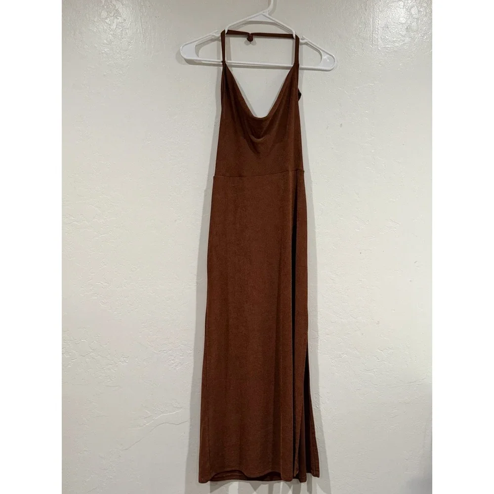 Free People Intimately Cowl Neck Halter Maxi Dress Brown Backless Slit XS NEW